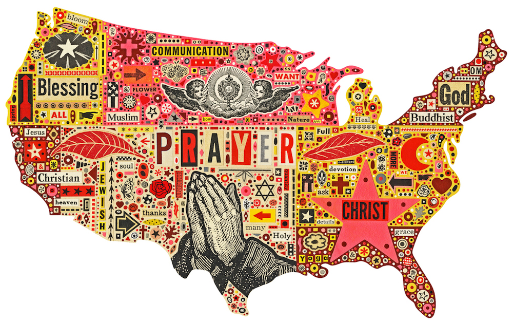 Collage map of the United States with religous symbols